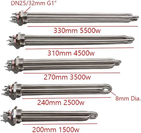 DN25 32MM G1 "عنصر تسخين المياه بالطاقة الشمسية 120 فولت 220 فولت عشرة سخان مقاومة 1500W2500W3500W4500W5500W مع كوب (مع صامولة، 120V_5500W 330 مم) in Kuwait