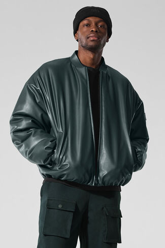 Alo Yoga Faux Leather Premier Bomber - Charcoal Green in Kuwait