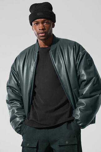 Alo Yoga Faux Leather Premier Bomber - Charcoal Green in Kuwait