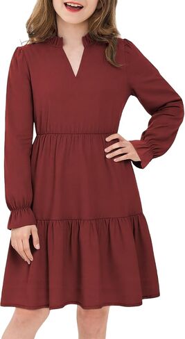JiAmy Girls Dresses Long Sleeve V Neck Fall Ruffle Tiered Flowy Swing Casual Fashion Dress with Pockets in Saudi Arabia