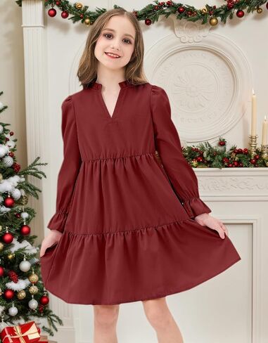 JiAmy Girls Dresses Long Sleeve V Neck Fall Ruffle Tiered Flowy Swing Casual Fashion Dress with Pockets in Saudi Arabia