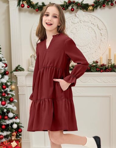 JiAmy Girls Dresses Long Sleeve V Neck Fall Ruffle Tiered Flowy Swing Casual Fashion Dress with Pockets in Saudi Arabia