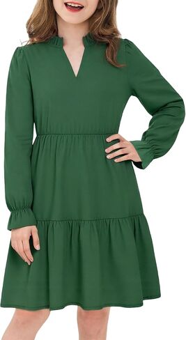 JiAmy Girls Dresses Long Sleeve V Neck Fall Ruffle Tiered Flowy Swing Casual Fashion Dress with Pockets in Saudi Arabia