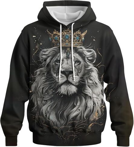 كنزة صوفية رجالية بطباعة الأسد الملك ثلاثية الأبعاد مع قلنسوة وأكمام طويلة، بلوفر كاجوال بجيوب in Kuwait