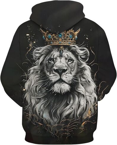 كنزة صوفية رجالية بطباعة الأسد الملك ثلاثية الأبعاد مع قلنسوة وأكمام طويلة، بلوفر كاجوال بجيوب in Kuwait