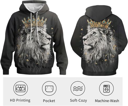 كنزة صوفية رجالية بطباعة الأسد الملك ثلاثية الأبعاد مع قلنسوة وأكمام طويلة، بلوفر كاجوال بجيوب in Kuwait