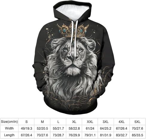 كنزة صوفية رجالية بطباعة الأسد الملك ثلاثية الأبعاد مع قلنسوة وأكمام طويلة، بلوفر كاجوال بجيوب in Kuwait