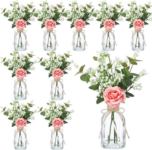 Janinka 10 Set Mini Fake Plants and Artificial Flowers in Vase 10 Glass Vases Fake Silk Roses Eucalyptus Babys Breath Artificial Flowers for Centerpiece Table Decorations Wedding Office Home Decor in Saudi Arabia