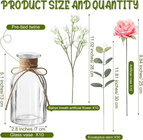 Janinka 10 Set Mini Fake Plants and Artificial Flowers in Vase 10 Glass Vases Fake Silk Roses Eucalyptus Babys Breath Artificial Flowers for Centerpiece Table Decorations Wedding Office Home Decor in Saudi Arabia