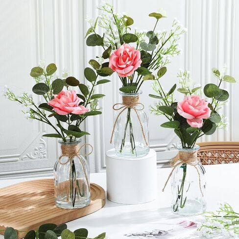 Janinka 10 Set Mini Fake Plants and Artificial Flowers in Vase 10 Glass Vases Fake Silk Roses Eucalyptus Babys Breath Artificial Flowers for Centerpiece Table Decorations Wedding Office Home Decor in Saudi Arabia