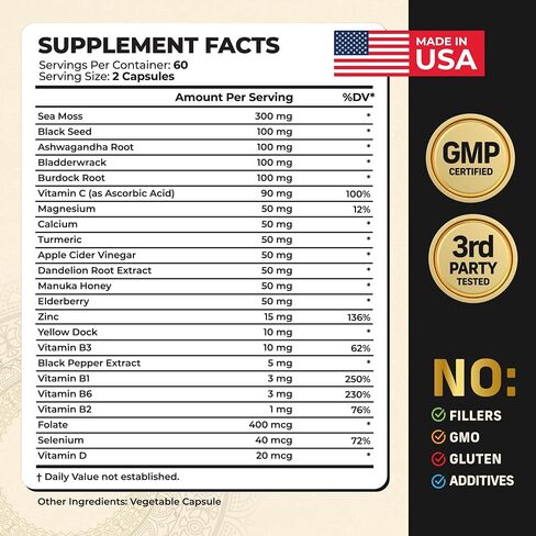 Multivitamin for Men with Sea Moss, Black Seed Oil, Ashwagandha, Turmeric Bladderwrack, Burdock,Vitamin C, Elderberry, Manuka, Yellow Dock | Daily Men's Vitamins and Minerals supplement in Saudi Arabia
