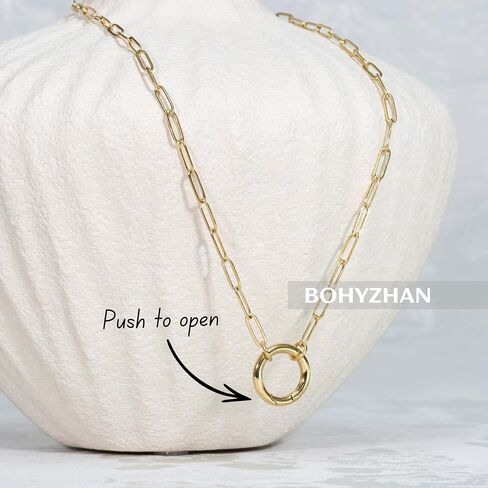 14K Gold Plated Open Circle Carabiner Link Paperclip Necklace with Charm Holder Pendant, Jewelry Gifts for Women in Saudi Arabia