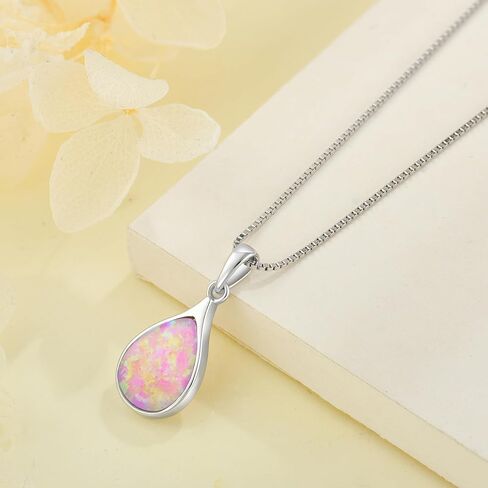 Opal Necklace for Women - 925 Sterling Silver October Birthstone Teardrop Pendant with 9x12mm Opal Gemstone, Adjustable Box Chain Jewelry Gif for Her in Saudi Arabia