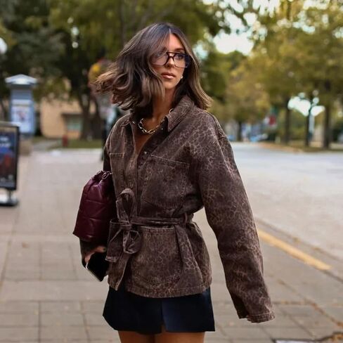 utcoco Women's Leopard Print Shacket Oversized Belted Jacket with Pockets Vintage Casual Outerwear for Fall & Winter in Saudi Arabia