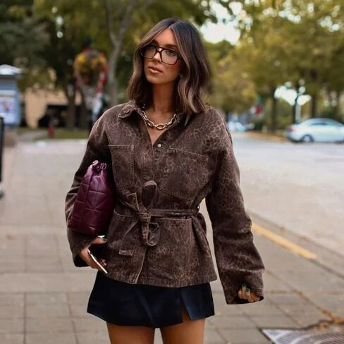 utcoco Women's Leopard Print Shacket Oversized Belted Jacket with Pockets Vintage Casual Outerwear for Fall & Winter in Saudi Arabia