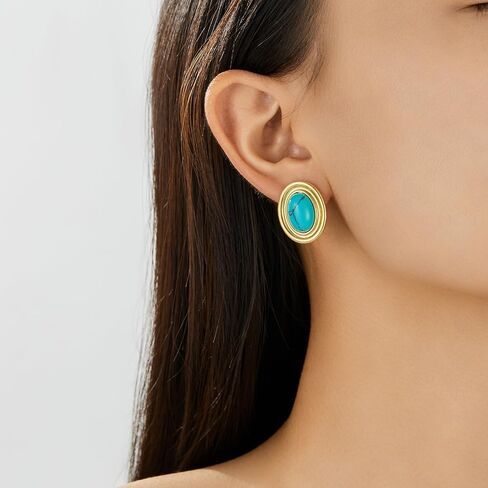 Chunky Gold Color Earrings Fashion Geometric 18K Gold Turquoise Lapis Lazuli Green Red Oval Earrings for Women in Saudi Arabia