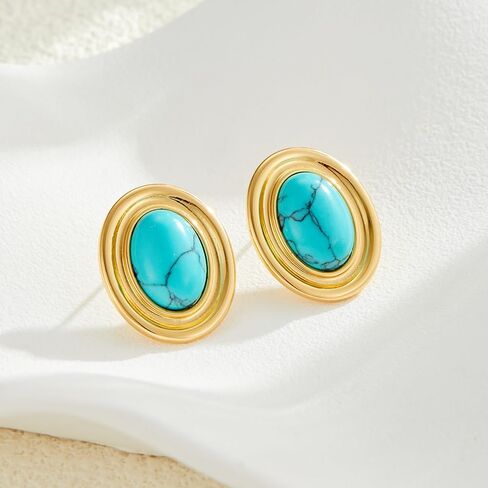 Chunky Gold Color Earrings Fashion Geometric 18K Gold Turquoise Lapis Lazuli Green Red Oval Earrings for Women in Saudi Arabia