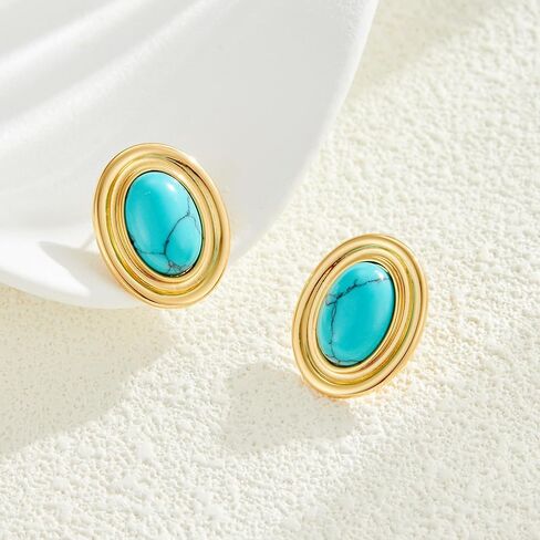 Chunky Gold Color Earrings Fashion Geometric 18K Gold Turquoise Lapis Lazuli Green Red Oval Earrings for Women in Saudi Arabia