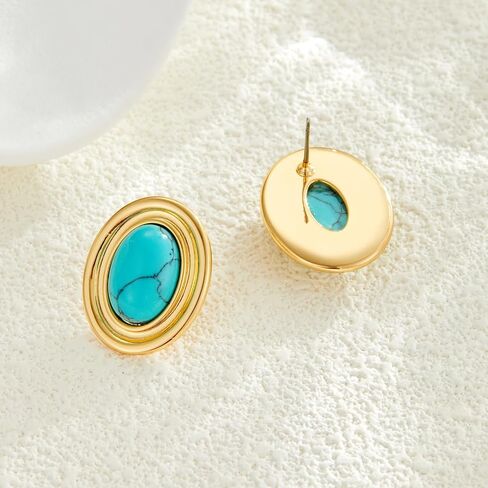 Chunky Gold Color Earrings Fashion Geometric 18K Gold Turquoise Lapis Lazuli Green Red Oval Earrings for Women in Saudi Arabia