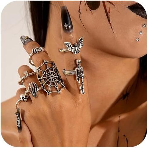 خواتم قوطية فضية قابلة للتكديس للنساء جمجمة الشرير، الخفافيش، ثعبان شبكة العنكبوت، العنكبوت، الفراشة، القلب الأحمر، الورد، الصليب، قطرة الدم، مجموعة خواتم مفتوحة للمفاصل هدايا الهالوين الرائعة لإكسسوارات المجوهرات in Kuwait