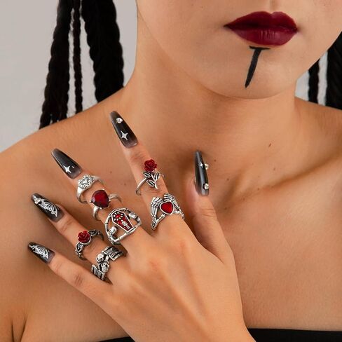 خواتم قوطية فضية قابلة للتكديس للنساء جمجمة الشرير، الخفافيش، ثعبان شبكة العنكبوت، العنكبوت، الفراشة، القلب الأحمر، الورد، الصليب، قطرة الدم، مجموعة خواتم مفتوحة للمفاصل هدايا الهالوين الرائعة لإكسسوارات المجوهرات in Kuwait