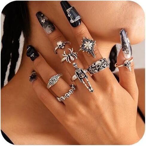 خواتم قوطية فضية قابلة للتكديس للنساء جمجمة الشرير، الخفافيش، ثعبان شبكة العنكبوت، العنكبوت، الفراشة، القلب الأحمر، الورد، الصليب، قطرة الدم، مجموعة خواتم مفتوحة للمفاصل هدايا الهالوين الرائعة لإكسسوارات المجوهرات in Kuwait