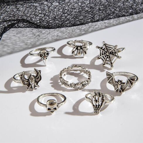 خواتم قوطية فضية قابلة للتكديس للنساء جمجمة الشرير، الخفافيش، ثعبان شبكة العنكبوت، العنكبوت، الفراشة، القلب الأحمر، الورد، الصليب، قطرة الدم، مجموعة خواتم مفتوحة للمفاصل هدايا الهالوين الرائعة لإكسسوارات المجوهرات in Kuwait