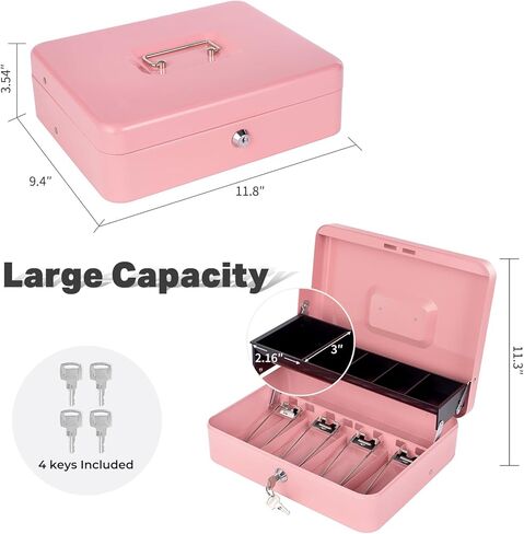 Cash Box with Money Tray and Lock, Metal Money Box for Cash Register, Large Cash Lock Box for Money Safe Includes 5 Slots Coin Tray with Cover, 4 Bill Slots, 4 Keys, 11.8" x 9.4" x 3.54" Black in Kuwait