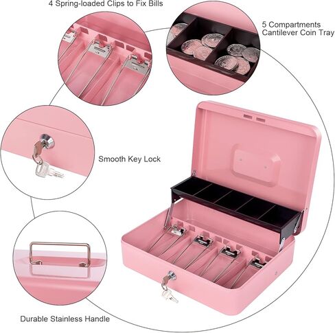 Cash Box with Money Tray and Lock, Metal Money Box for Cash Register, Large Cash Lock Box for Money Safe Includes 5 Slots Coin Tray with Cover, 4 Bill Slots, 4 Keys, 11.8" x 9.4" x 3.54" Black in Kuwait