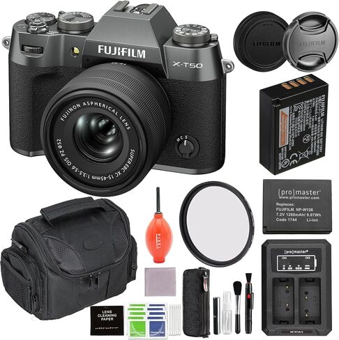 Fujifilm X-T50 Mirrorless Camera with XF 16-50mm Lens (Charcoal) Bundle with 58MM Protection Filter, Extra Battery, Charger and Advanced Accessories | Fuji xt50 in Kuwait