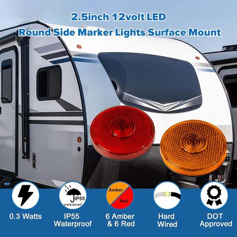 مصابيح LED للعلامات الجانبية للمقطورة 12 فولت تيار مستمر 2.5 بوصة ضوء إشارة دائرية للسيارات RV مقطورة شاحنة مؤشر الجانب الأمامي الخلفي، إضاءة كهرمانية، حزمة من 2 in Kuwait