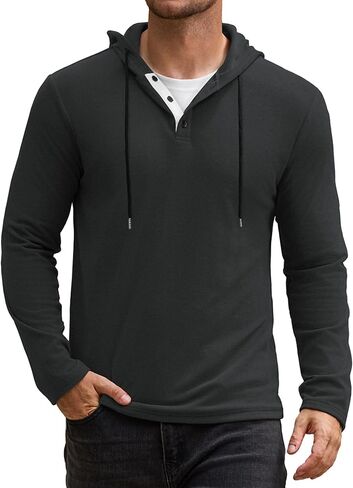 Vssjavun Mens Hoodie Pullover Long Sleeve Casual Henley Shirts Slim Fit Hooded Athletic Shirt with Drawstring in Saudi Arabia