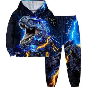 Boys Clothes, T-Rex Print Dinosaur Boy Clothes Fall Winter Outfits Long-sleeved Hooded Sweatshirt Pants 2Pcs Set in Kuwait