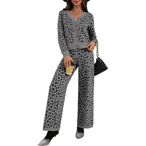 Women's Leopard Cardigan Set 2 Piece Sweater Loungewear Set Collar Button Down Knit Animal Cozy Casual Outfit in Kuwait