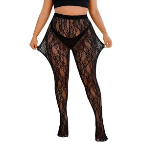 WDIRARA Women's Plus Size Lace Mesh Sheer Tights High Waisted Stockings Pantyhose in Saudi Arabia