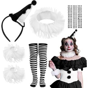 7pcs Halloween Jester Clown Costume Accessories Women Black White Clown Hat Headband Neck Wrist Ruffle Collar Sock Face Jewel in Saudi Arabia