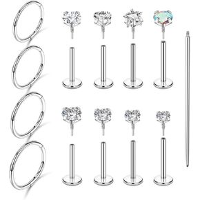 13PCS Flat Back Studs Nose Earrings 18G 16G Thread Hoops Push in Flat Back Stainless Steel Cartilage Studs Tragus Conch Helix Piercing Jewelry with AAAAA+ Ziron in Saudi Arabia