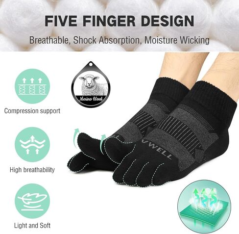 VWELL Merino Wool Toe Socks for Men and Women, Moisture Wicking Ankle Five Finger socks Athletic Running (3Pairs) in Saudi Arabia