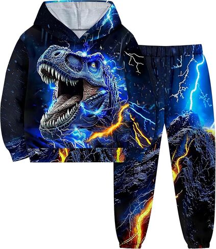 Boys Clothes, T-Rex Print Dinosaur Boy Clothes Fall Winter Outfits Long-sleeved Hooded Sweatshirt Pants 2Pcs Set in Kuwait
