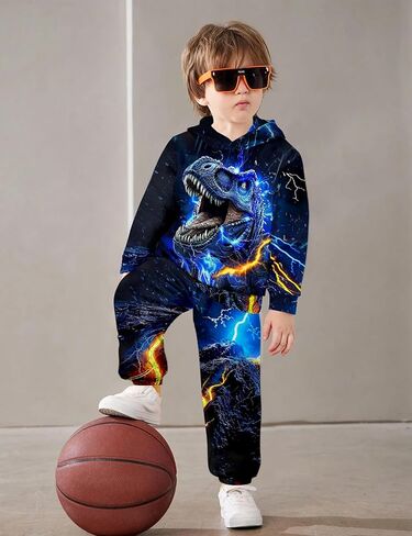 Boys Clothes, T-Rex Print Dinosaur Boy Clothes Fall Winter Outfits Long-sleeved Hooded Sweatshirt Pants 2Pcs Set in Kuwait