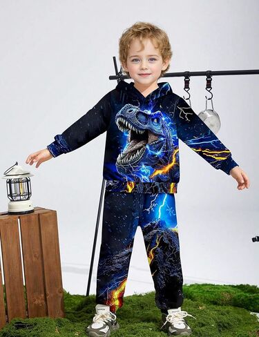 Boys Clothes, T-Rex Print Dinosaur Boy Clothes Fall Winter Outfits Long-sleeved Hooded Sweatshirt Pants 2Pcs Set in Kuwait