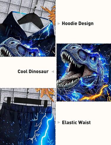 Boys Clothes, T-Rex Print Dinosaur Boy Clothes Fall Winter Outfits Long-sleeved Hooded Sweatshirt Pants 2Pcs Set in Kuwait