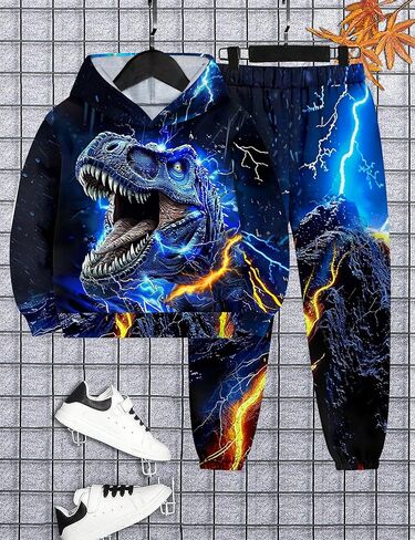 Boys Clothes, T-Rex Print Dinosaur Boy Clothes Fall Winter Outfits Long-sleeved Hooded Sweatshirt Pants 2Pcs Set in Kuwait