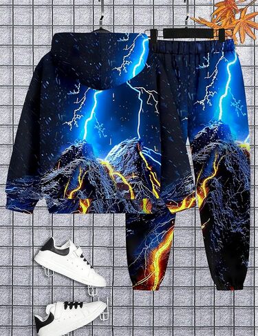 Boys Clothes, T-Rex Print Dinosaur Boy Clothes Fall Winter Outfits Long-sleeved Hooded Sweatshirt Pants 2Pcs Set in Kuwait