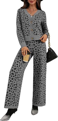 Women's Leopard Cardigan Set 2 Piece Sweater Loungewear Set Collar Button Down Knit Animal Cozy Casual Outfit in Kuwait