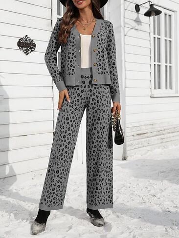 Women's Leopard Cardigan Set 2 Piece Sweater Loungewear Set Collar Button Down Knit Animal Cozy Casual Outfit in Kuwait