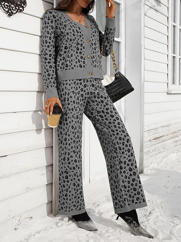 Women's Leopard Cardigan Set 2 Piece Sweater Loungewear Set Collar Button Down Knit Animal Cozy Casual Outfit in Kuwait
