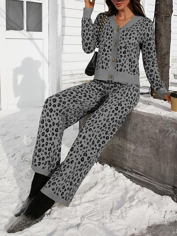 Women's Leopard Cardigan Set 2 Piece Sweater Loungewear Set Collar Button Down Knit Animal Cozy Casual Outfit in Kuwait