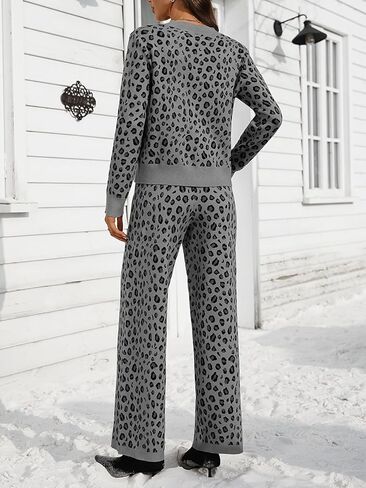 Women's Leopard Cardigan Set 2 Piece Sweater Loungewear Set Collar Button Down Knit Animal Cozy Casual Outfit in Kuwait