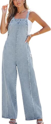 CUPSHE Womens Maxi Denim Jumpsuit Square Neck Sleeveless Casual Backless Loose Overall Jeans Wide Leg Long One Piece Jumpsuit in Saudi Arabia